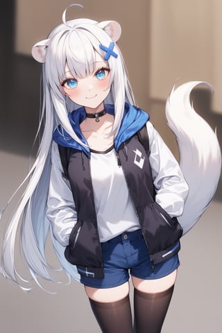 1girl, stoat girl, solo,  ((white hair)), very long hair, blue eyes, (straight hair), (bangs), animal ears, (stoat ears:1.2),
 Choker, ahoge, yaeba, (big white stoat Tail:1.2), (blue X hairpin),  solo, looking at viewer, blush, smile, bangs, blue eyes, shirt, thighhighs, long sleeves, standing, jacket, White collared sleeveless top, ahoge, multicolored hair, open clothes, shorts, black thighhighs, hood, open jacket, short shorts, hood down, black jacket, hooded jacket, blue shorts, hand in pocket,Beautiful eyes