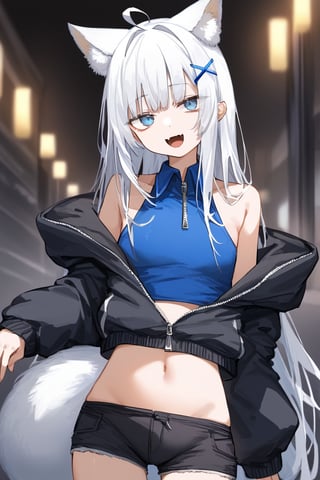 2d,fantastic,masterpiece,best quality,hdr,high resolution,perfect anatomy, extremely detailed, nsfw,1girl, stoat girl, solo, ((white hair)), very long hair, blue eyes, (straight hair), (bangs), animal ears, (stoat ears:1.2), Choker, ahoge, fangs, (big white fox Tail:1.2), (blue X hairpin),  (White collared sleeveless top, (midriff), blue chest bow), (black hooded oversized jacket:1.2), (jacket zipper half unzipped), (black short pants) (Off the shoulders),, smiling, (bags_under_eyes,jitome),clothed,skin fang,open mouth,tongue,smile,