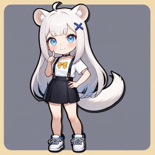 1girl, stoat girl, solo,  ((white hair)), very long hair, blue eyes, (straight hair), (bangs), animal ears, (stoat ears:1.2),
 Choker, ahoge, yaeba, (big white stoat Tail:1.2), (blue X hairpin), solo, long hair, looking at viewer, sticker image, blush, smile, bangs, blue eyes, skirt, simple background, shirt, white background, bow, animal ears, very long hair, closed mouth, standing, tail, full body, white shirt, short sleeves, shoes, hand up, chibi, animal ear fluff, hand on hip, black shorts, white footwear, suspenders, sneakers, index finger raised, extra ears, suspender skirt