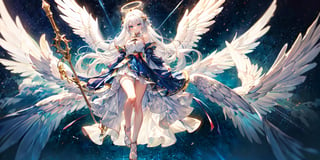  (Best Picture Quality, High Quality, Best Picture Score: 1.3), , Perfect Beauty Score: 1.5, long hair, 1 angel girl, (solo), ((white hair)), (long curly hair), blue eyes, ((two blue ribbons on her hair)), (Double golden halo on her head), (angel wings), (cute outfit), wearing blue one piece dress, riding on a broom, fly in the air, (full_body), beautiful, cute, masterpiece, best quality,perfect light,