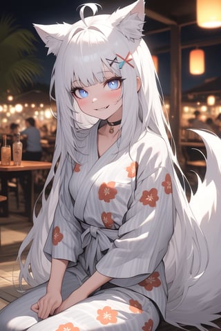  {{{masterpiece}}}, {{{best quality}}}, {{ultra-detailed}}, {beautiful detailed eyes},1girl, stoat girl, solo,  ((white hair)), very long hair, blue eyes, (straight hair), (bangs), animal ears, (stoat ears:1.2), Choker, ahoge, fangs, (big white fox Tail:1.2), (blue X hairpin), (cute yukata, colorful yukata), smiling, Beautiful eyes,