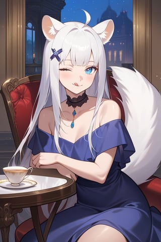 1girl, stoat girl, solo,  ((white hair)), very long hair, blue eyes, (straight hair), (bangs), animal ears, (stoat ears:1.2),
 Choker, ahoge, yaeba, (big white stoat Tail:1.2), (blue X hairpin), fine art parody, dressing evening dress, masterpiece quality, looking at viewer, smiling, upper body, sitting in chair, table, teacup, indoors, victorian palace in background, one eye closed, tongue out, close up, stunning image, light particles.