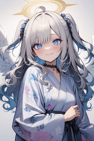  {{{masterpiece}}}, {{{best quality}}}, {{ultra-detailed}}, {beautiful detailed eyes}, 1girl, solo, angel, white hair, long curly hair, (two side up), blue eyes,  (curly hair:1.2), (wavy hair), (hair curls), (bangs), (two side up), two blue hair ties on head, (Double golden halo on her head), choker, angel wings, ahoge, fang,, (cute yukata, colorful yukata), smiling, Beautiful eyes,