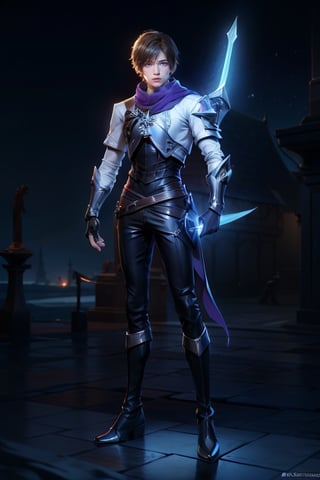 1boy, solo, short hair, blue eyes, standing, full body, brown hair, shiny, purple scarf, glowing, ,Holy_Blade, boots, vambraces, black pants, fingerless_gloves, black gloves,