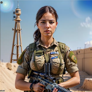 (masterpiece, best quality:1.4),(photorealistic:1.4)(realistic, photo-realistic:1.4),8k UHD,ultra high res,RAW,HDR,Valiant, heavily armed female Israeli soldier