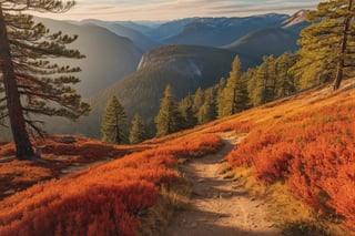 a landscape photograph. there are no people in the picture. 
in the foreground you can see a path it is a narrow, old, washed-out and partly overgrown path with old pine needles that runs through the pine forest. In the background you can see a rocky landscape similar to yosemite national park. It is a golden autumn day with the correspondingly coloured light and foliage in orange-red-yellow tones.,Landskaper, warm light an warm temperature, warm tones, detailed, better landscape, high quality, realistic lighting, realistic light, 8k, 
