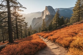 a landscape photograph. there are no people in the picture. 
in the foreground you can see a path it is a narrow, old, washed-out and partly overgrown path with old pine needles that runs through the pine forest. In the background you can see a rocky landscape similar to yosemite national park. It is a golden autumn day with the correspondingly coloured light and foliage in orange-red-yellow tones.,Landskaper, warm light an warm temperature, warm tones, detailed, better landscape, high quality, realistic lighting, realistic light, 8k, 
