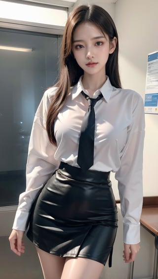 A high resolution,masutepiece,Best Quality, extremely delicate face,Detailed eyes,very intricate,perfect glossy shiny skins,Perfect Lighting,Detailed Lighting,Dramatic shadows,Ray tracing, 1girll,full body Esbian,white oversized button up shirt,view the viewer,Cyberpunk,school uniform ,Secretary_uniform