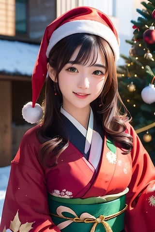 Warm lighting, beautiful Japanese girl, detailed face, shy smile, dark eyes, straight black hair, luxurious red hairpin, details (kimono in red and green Christmas colors, kimono pattern is fir tree), Santa Claus wearing a hat, Kyoto, outdoor, Christmas, upper body, real, SGBB, Wakami no Kokoro, Tifa FF7, acjc, Santa Claus,enako,school uniform,acjc