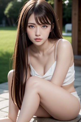 Bright facial expression, photorealism, highest quality, super high resolution, photo, the most beautiful Nordic girl photos, detailed cute and beautiful face, small face, (pureerosface_v1: 0.008), beautiful bangs, Alice in Wonderland, 18 years old, (thighs thighs thighs thighs: 1.2), full body Esbian, shining white shiny skin, hair tangled in the face, bangs that reach the face, bangs, hair between the eyes, super long hair, attractive brown straight silky hainer hair, attractive shining beautiful bright clear light blue eyes, (summer casual private clothes: 1.2), eyeliner, double eyelids, ample breasts, dynamic pose, enako,AliceMadness,nerd_girl,Ava