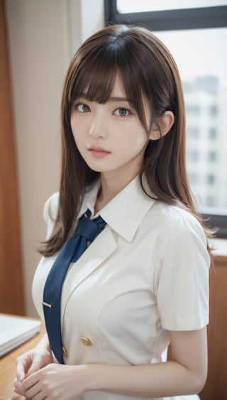 (8k, RAW photo, Photorealistic: 1.25), 1womanl, up of face, mideum breasts, light brown hair, Blunt bangs, hair behind ear, hair over shoulder, Long hair, slender body shape, Ultra Fine Face, Thin face, Delicate lips, Beautiful eyes, thin blush, eyes are light brown, perfect glossy skin, flawless skin, Glistening sweat,View here, Ultra-thin hands, Ultra-fine fingers, best ratio four finger and one thumb, (realisitic:1.3), Finger Extensions, School Uniforms、White dress shirts、Dark blue pleated skirt、‎Classroom, One-person viewpoint, Fuji Film, medium breasts⁩, 8K, masutepiece, nffsw, Super Detail, High quality, Best Quality, hight resolution,enako,asuka