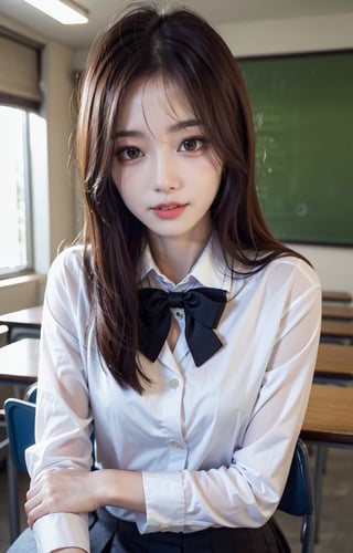 a closeup, masterpiece, top-quality, Raw foto, Photorealsitic, A smile, beautiful a girl, cute little, length hair, depth of fields, hight resolution, ultra-detailliert, detaile, extremely detailed eye and face, Sharp pupils, Realistic pupils, sharp focus, Cinematic lighting、School Uniforms、Sitting on a chair in a classroom、The upper part of the body、,Bomi,Beauty