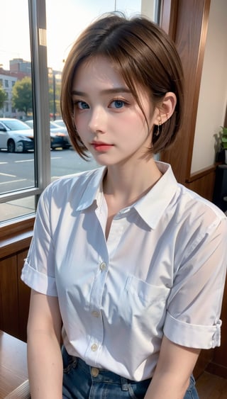 (8k, raw photo, highest quality, master piece: 1.2), (realistic, photorealistic: 1.37), One Girl, Only 19, cute, adorable, (blue eyes), (shy smile: 0.4), (solo), Details Face, oval face, pale almond-shaped eyes, (short brown hair: 1.3), hair over one eye, slender build, medium chest, white collared shirt, lying on back, head tilted, fluorescent Lights, sitting in a coffee shop, by the cafe, window, small head, (looking away), teenage girl, earrings, pen