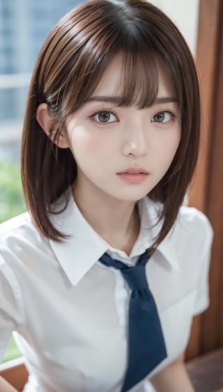 (8k, RAW photo, Photorealistic: 1.25), 1womanl, up of face, mideum breasts, light brown hair, Blunt bangs, hair behind ear, hair over shoulder, Long hair, slender body shape, Ultra Fine Face, Thin face, Delicate lips, Beautiful eyes, thin blush, eyes are light brown, perfect glossy skin, flawless skin, Glistening sweat,View here, Ultra-thin hands, Ultra-fine fingers, best ratio four finger and one thumb, (realisitic:1.3), Finger Extensions, School Uniforms、White dress shirts、Dark blue pleated skirt、‎Classroom, One-person viewpoint, Fuji Film, medium breasts⁩, 8K, masutepiece, nffsw, Super Detail, High quality, Best Quality, hight resolution,enako,asuka