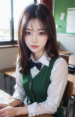 a closeup, masterpiece, top-quality, Raw foto, Photorealsitic, A smile, beautiful a girl, cute little, length hair, depth of fields, hight resolution, ultra-detailliert, detaile, extremely detailed eye and face, Sharp pupils, Realistic pupils, sharp focus, Cinematic lighting、School Uniforms、Sitting on a chair in a classroom、The upper part of the body、,Bomi,Beauty