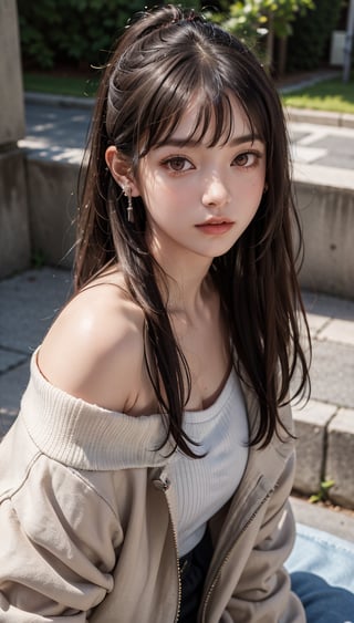 Super high resolution, masterpiece, top quality, high resolution face, detailed eyes, very difficult, perfect glowing skin, perfect lighting, detailed lighting, dramatic shadows, ray tracing, 16 years old, 1 girl, Inverted triangular face, slit eyes, ponytail, cat tail, red eyes, earrings, jewelry, black nails, off shoulder, black hair, long sleeves, bangs, nail polish, jacket, brown jacket, border, ear piercing, cat girl , collared shirt,, looking at the audience, (smile: 0.4), little_cute_girl, photo of a woman, Chihara