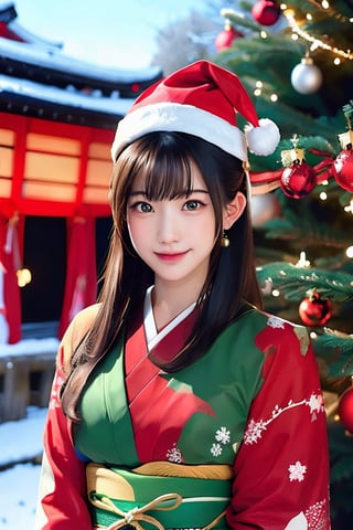 Warm lighting, beautiful Japanese girl, detailed face, shy smile, dark eyes, straight black hair, luxurious red hairpin, details (kimono in red and green Christmas colors, kimono pattern is fir tree), Santa Claus wearing a hat, Kyoto, outdoor, Christmas, upper body, real, SGBB, Wakami no Kokoro, Tifa FF7, acjc, Santa Claus,enako