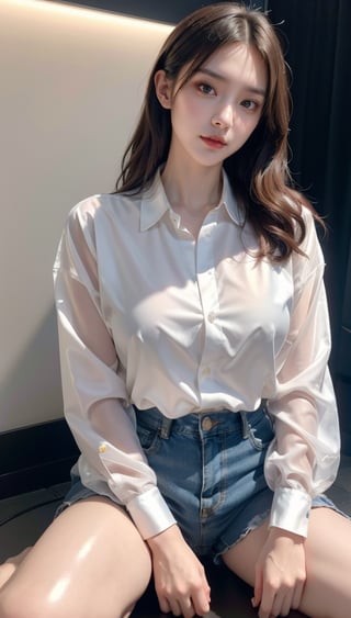 A high resolution,masutepiece,Best Quality, extremely delicate face,Detailed eyes,very intricate,perfect glossy shiny skins,Perfect Lighting,Detailed Lighting,Dramatic shadows,Ray tracing, 1girll,full body Esbian,white oversized button up shirt,view the viewer,Cyberpunk