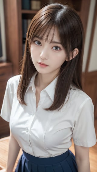 (8k, RAW photo, Photorealistic: 1.25), 1womanl, up of face, mideum breasts, light brown hair, Blunt bangs, hair behind ear, hair over shoulder, Long hair, slender body shape, Ultra Fine Face, Thin face, Delicate lips, Beautiful eyes, thin blush, eyes are light brown, perfect glossy skin, flawless skin, Glistening sweat,View here, Ultra-thin hands, Ultra-fine fingers, best ratio four finger and one thumb, (realisitic:1.3), Finger Extensions, School Uniforms、White dress shirts、Dark blue pleated skirt、‎Classroom, One-person viewpoint, Fuji Film, medium breasts⁩, 8K, masutepiece, nffsw, Super Detail, High quality, Best Quality, hight resolution,enako,asuka