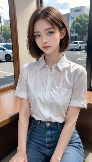 (8k, raw photo, highest quality, master piece: 1.2), (realistic, photorealistic: 1.37), One Girl, Only 19, cute, adorable, (blue eyes), (shy smile: 0.4), (solo), Details Face, oval face, pale almond-shaped eyes, (short brown hair: 1.3), hair over one eye, slender build, medium chest, white collared shirt, lying on back, head tilted, fluorescent Lights, sitting in a coffee shop, by the cafe, window, small head, (looking away), teenage girl, earrings, pen