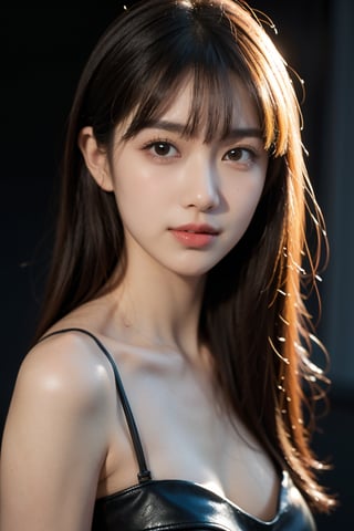 masterpiece, The highest image quality, hightquality, Beautiful Women, japanes, Popular Korean Makeup, detaileds, Swollen eyes, A detailed eye, Detailed skin, Beautiful skins, A high resolution, (Reality:1.4), very extremely beautiful, Slightly younger face, Beautiful skins, Thin, A hyper-realistic, illustration, hight resolution, 8K, ighly detailed, The best illustrations, beautifully detailed eyes, Ultra-detail, wallpaper, Detailed face, looking at the viewers, fine detailed, A detailed face, pureerosfaceace_v1, A smile, Looking straight ahead, Looking straight ahead, angle from waist up, photos realistic, Bright lighting, professional lighting, A darK-haired(Part of the hair is green), length hair, Black Leather Gothic Dress, a matural female, long stylish bangs,sexy,mikas,maiko