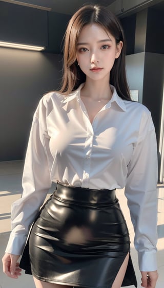 A high resolution,masutepiece,Best Quality, extremely delicate face,Detailed eyes,very intricate,perfect glossy shiny skins,Perfect Lighting,Detailed Lighting,Dramatic shadows,Ray tracing, 1girll,full body Esbian,white oversized button up shirt,view the viewer,Cyberpunk,school uniform ,Secretary_uniform