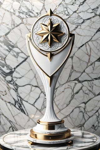 High definition photorealistic render of a luxurious trophy inspiration on taekondo sport, in metal and marble white color, in diamond-encrusted metal, with fluid and parametric curves, located on a marble and metal throne, with intricate details, and luxurious velvet fabric full of elegant mystery, symmetrical, geometric and parametric details, Technical design, Ultra intricate details, Ornate details. shutter speed 1/1000, f/22, white balance, vintage aesthetic, retro aesthetic, retro film, dramatic setting, horror film