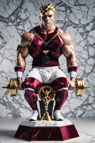 High definition photorealistic render of a luxurious trophy inspiration on weightlifter man sport, in metal and marble burgundy color, in diamond-encrusted metal, with fluid and parametric curves, located on a marble and metal throne, with intricate details, and luxurious velvet fabric full of elegant mystery, symmetrical, geometric and parametric details, Technical design, Ultra intricate details, Ornate details. shutter speed 1/1000, f/22, white balance, vintage aesthetic, retro aesthetic, retro film, dramatic setting, horror film