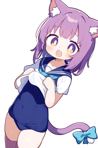 1girl, solo, long hair, open mouth, fang,short hair, thighhighs, animal ears, white school uniform, tail,blue swimsuit, serafuku, cat ears, cat tail, school swimsuit, swimsuit under clothes, Tail bow, , white background, purple_hair, cat_pose,