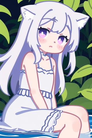 1 girl, solo, cat ears, silver hair, long hair, purple eyes, water, leaves, lots of plants, flowers, white dress, lace, :)