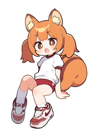 1girl, solo, long hair, open mouth, brown hair, shirt,white background, animal ears, twintails, brown eyes, tail, white shirt, thighs, shoes, animal ear fluff, legs, sneakers, gym uniform, buruma, red buruma, squirrel ears, squirrel tail, nike 