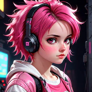 Animated Girl Punk Rocker Girl In Headphones, Freckles And Pink Clothes, Detailed 1980s Cyberpunk Anime OVA