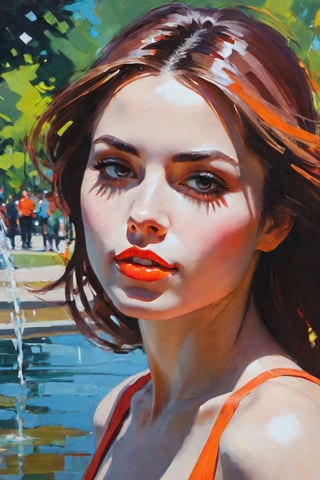 Close-up, portrait of a woman, in motion, bottom-up view, background, city park, fountain, oil paint, bright rich colors,
IJan Ditlev, lya Kuvshinov, Gabriele Dell'otto,