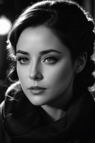 film noir, black and white close-up portrait of a woman by LOUIS JOVERT, low lighting giving a dark and mysterious mood, 4k, UHD, masterpiece, style of Jean Baptiste Monge, Thomas Kinkade, David Palumbo, Karn Griffiths.