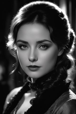 film noir, black and white close-up portrait of a woman by LOUIS JOVERT, low lighting giving a dark and mysterious mood, 4k, UHD, masterpiece, style of Jean Baptiste Monge, Thomas Kinkade, David Palumbo, Karn Griffiths.