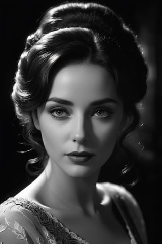 film noir, black and white close-up portrait of a woman by LOUIS JOVERT, low lighting giving a dark and mysterious mood, 4k, UHD, masterpiece, style of Jean Baptiste Monge, Thomas Kinkade, David Palumbo, Karn Griffiths.