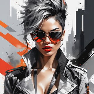 MJ, Andre Cohn, Gabrielle Del Otto, digital illustration, close up, concept art, Cinematic Elegance grey envy, In the style of russ mills, stunning 21 years girl, wearing light grey shades, centered, plunging neckline, Three-quarters body in the frame, chaotic background, trendy punk urban vibe, highly stylized illustration, mad max jacket, long wavy hair, ultra high definition, 
Stunning Full Color RTX, 4k, AI Midjourney, Vibrant Rich Colors, Watercolor, Oil Paints, HDR, 500px, 4k,