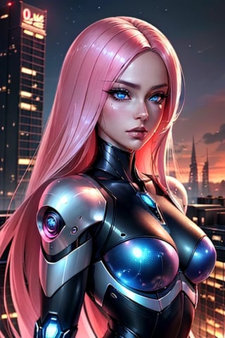 (masterpiece) (science fiction) an anime girl pink long hair, blue_eyes, anime style, masterpice, 8k, realistic, amazing, fembot , sci-fi, apocaliptic city background