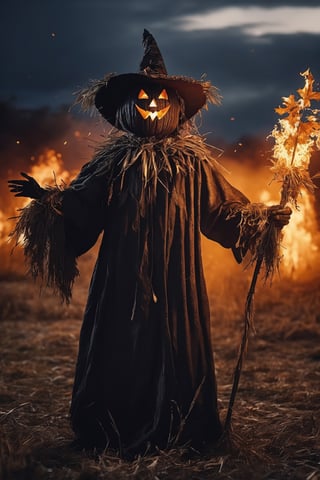 raw photo, full scenery, creepy Scarecrow monster laughing on a field, flying crows at night, black torn robe, burning rusty pitchfork, dark ambience, halloween atmosphere, horror atmosphere, 16k high resolution, 12k high definition, cinematic, behance contest winner, stylized digital art, smooth, ultra high definition, 8k, unreal engine 5, ultra sharp focus, intricate artwork masterpiece, ominous, epic, 4k details, ultra details, dynamic lighting, cinematic, 8k ultra fine detail, masterpiece, 12k high definition, sharpening, :: sharp, enhance, 16k super resolution, clarify :: 50mm lens, f/2.8, High detailed, Realism