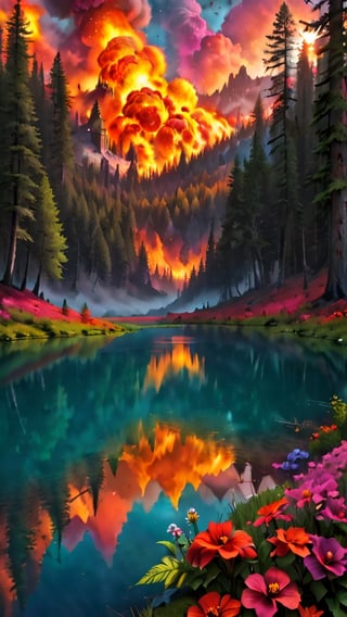 vibrant fiery warhammer 40k-themed secluded flowery forest lake at dawn, breathtaking gothic grand sci-fi, clashing colors, futuristic, militaristic, dramatic, cinematic, bold, larger-than-life, pauldrons, flaming, hot, warm, dynamic, melting, burning, saturated, colorful, color-rich