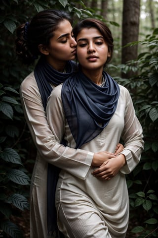 masterpiece, best quality, photorealistic, raw photo, Realism,

((lesbian making love)), ((hugging and kissing neck from behind)), Pakistani (16yo) in a dense jungle, ((wearing white dull shalwar kameez)), ((navy blue scarf in neck)), ponytail_hair, shy and confused expressions, detailed skin, hourglass_figure, covered body, slightly_chubby , very tight clothes