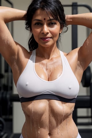 50 years old sweaty indian aunty in gym, dark toned ,wearing sports white bra, wet_spot, thick_body, showing darm armpts,  very_high_resolution, high_definition, exposed_navel, seductive_pose, hourglass_figure, exposed_naval, thick_naval, big_breast