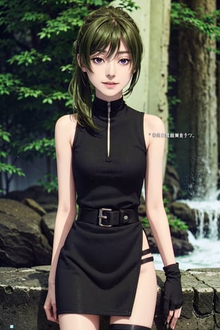 ubel, green hair, medium hair, hair between eyes, side ponytail, black belt, (purple eyes, black gloves, black dress, dimly lit, thigh gap:1.1), smile, thigh strap, black armband, (waterfall), arms behind, (masterpiece, best quality:1.4)