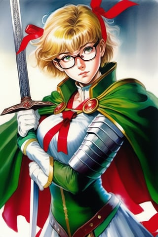 90s anime still, a short hair blonde female, with glasses, red ribbon, green short dress , white breastplate and shoulder pads, sword, oil and watercolor illustration