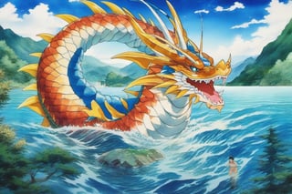 1990s anime still, an giant gyarados in middle of lake, with mountains and beach,and trees arround it,  masterpiece, best quality, intricate details, very beautiful, delicate face,  watercolor with oil