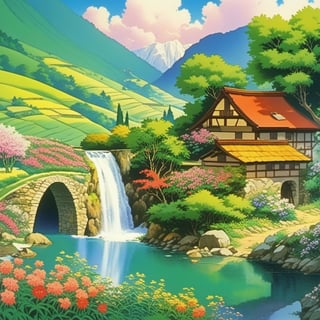 1990s anime still, a valley with mountains with waterfalls, an stone house with a mill, rivers, flower fields, trees, animals, oil ilustration
