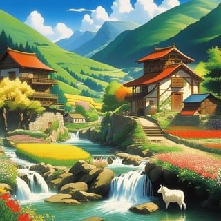 1990s anime still, a valley with mountains with waterfalls, an stone house with a mill, rivers, flower fields, trees, animals, oil ilustration
