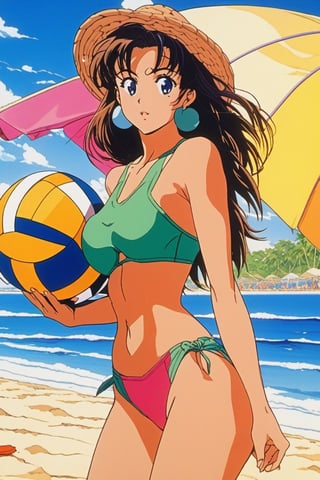 1990s anime still, a female on the beach wearing a bikini holding a volleyball, thick and defined lines, vibrant colors, oil ilustration
