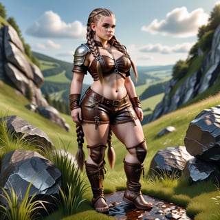  small female dwarf woman from germanic folklore, dressed in sensual leather clothing, in a landscape of grass and minerals. hair in two braids. full body.