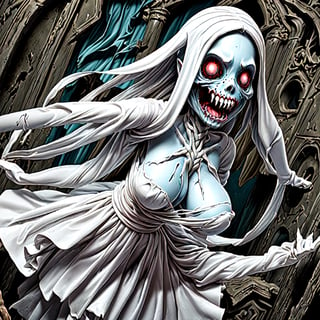  A screaming, frightening undead (((( extrem emo pale undead skin))) Banshee dressed in a thin white dress. floating body in the air. Her (((body is transparent))). dungeon. gothic castle. dark fantasy.